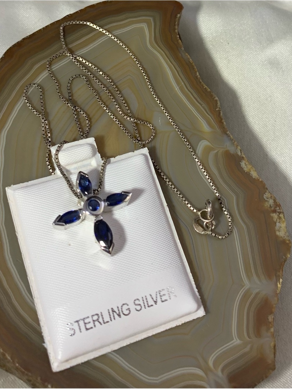 Sterling Silver Necklace with Blue Stone Cross Pendant